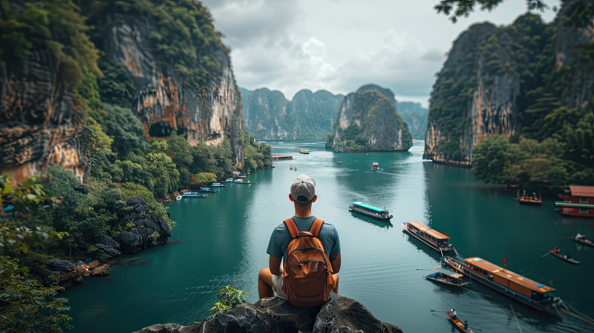 Traveler in Japan overlooking lake and cliffs